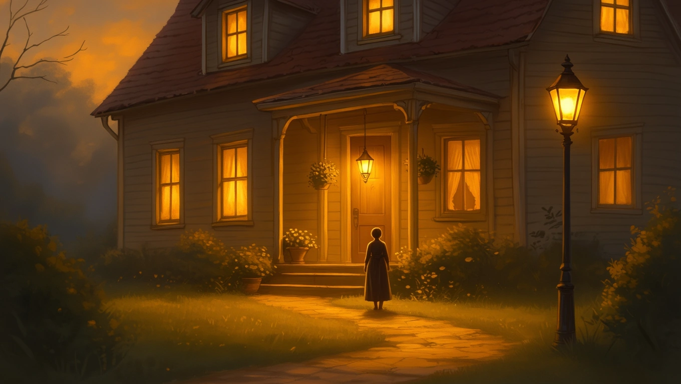 Mit jelent vendéggel álmodni? – Részletes álomfejtés és értelmezés Egy nő áll egy világító lámpás ház előtt, amely vendéget vár.