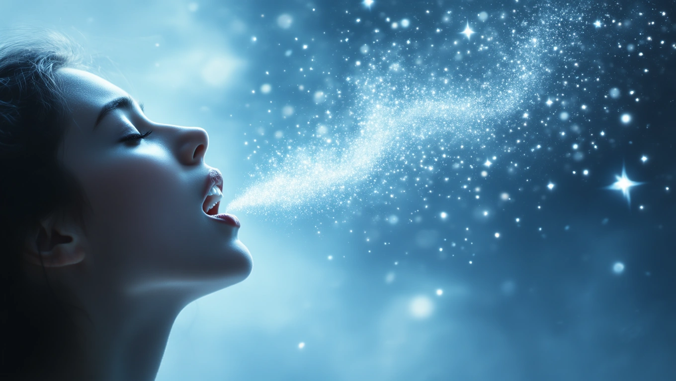 Mit jelent fogászattal álmodni? – Részletes álomfejtés és értelmezés Egy női profil, aki csillagporral teli levegőt fúj ki, álomszerű háttérrel.