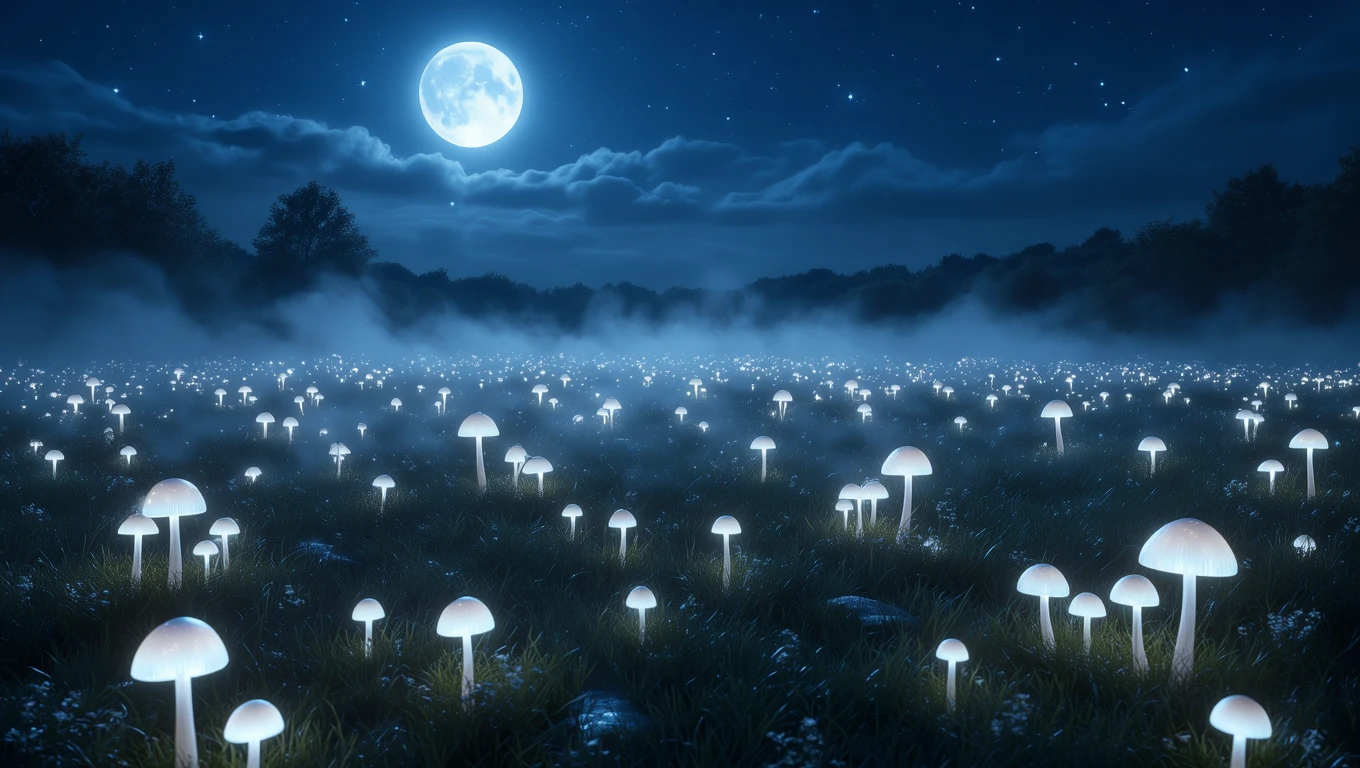 Mit jelent gombával álmodni? – Részletes álomfejtés és értelmezés Egy varázslatos éjszakai táj, ahol világító gombák nőnek a fűben, a hold fényével megvilágítva.