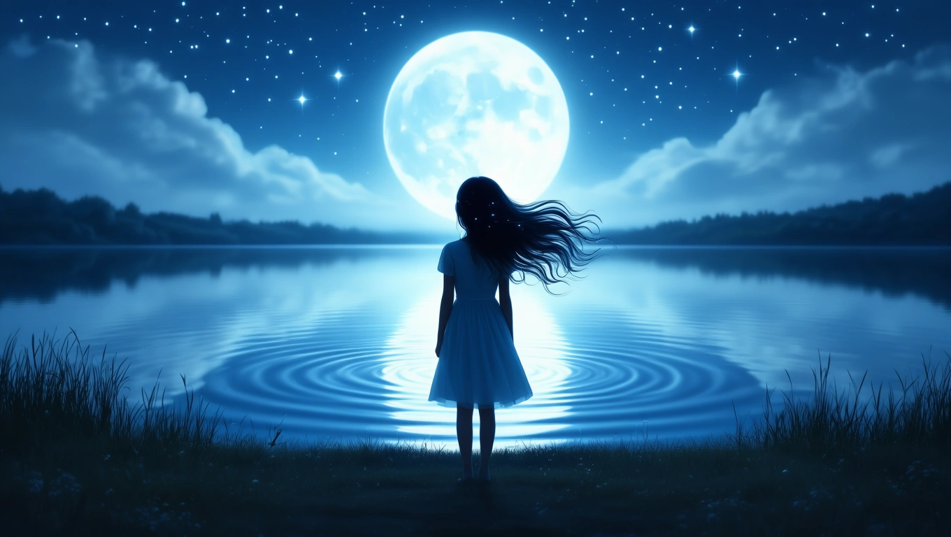 Mit jelent csajokkal álmodni? – Részletes álomfejtés és értelmezés Egy lány áll a vízparton, a telihold fényében, álomszerű tájban.