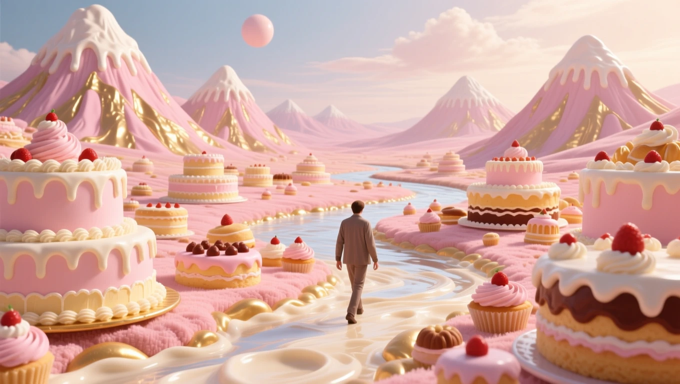 Mit jelent tortáról álmodni? – Részletes álomfejtés és értelmezés Egy álomszerű táj, tele különböző tortákkal és édességekkel, egy férfi sétál a folyón.