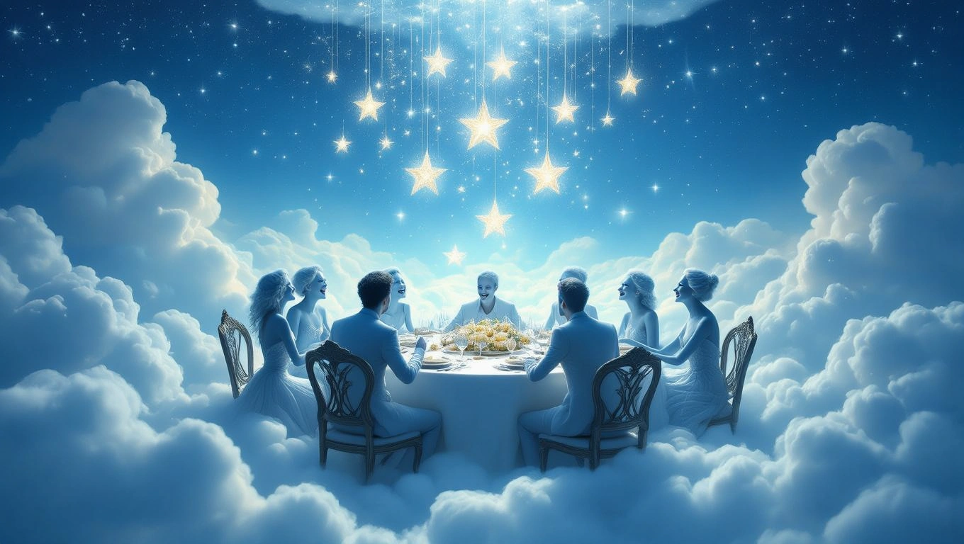 Mit jelent vendéggel álmodni? – Részletes álomfejtés és értelmezés Álomszerű vacsoraasztal, ahol vendégek ülnek felhők között, csillagokkal körülvéve.