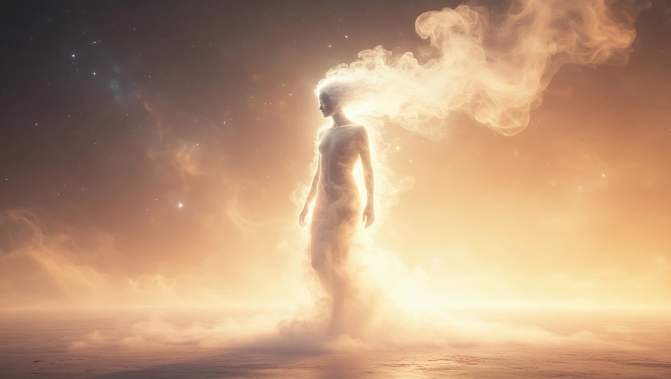 Mit jelent drogfüggővel álmodni? – Részletes álomfejtés és értelmezés Egy szellemszerű alak áll a ködben, háttérben csillagokkal és fényekkel.