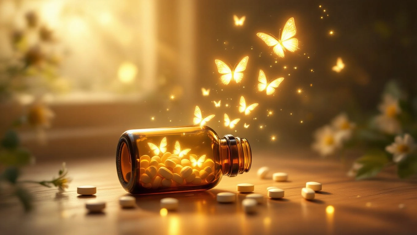 Mit jelent gyógyszerekkel álmodni? – Részletes álomfejtés és értelmezés Egy üveg gyógyszer, amelyből pillangók szállnak fel, körülötte gyógyszerek.