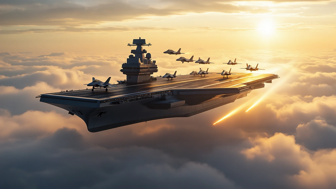 Mit jelent anyahajóval álmodni? – Részletes álomfejtés és értelmezés Egy hatalmas anyahajó repülőgépekkel a felhők felett naplementében.