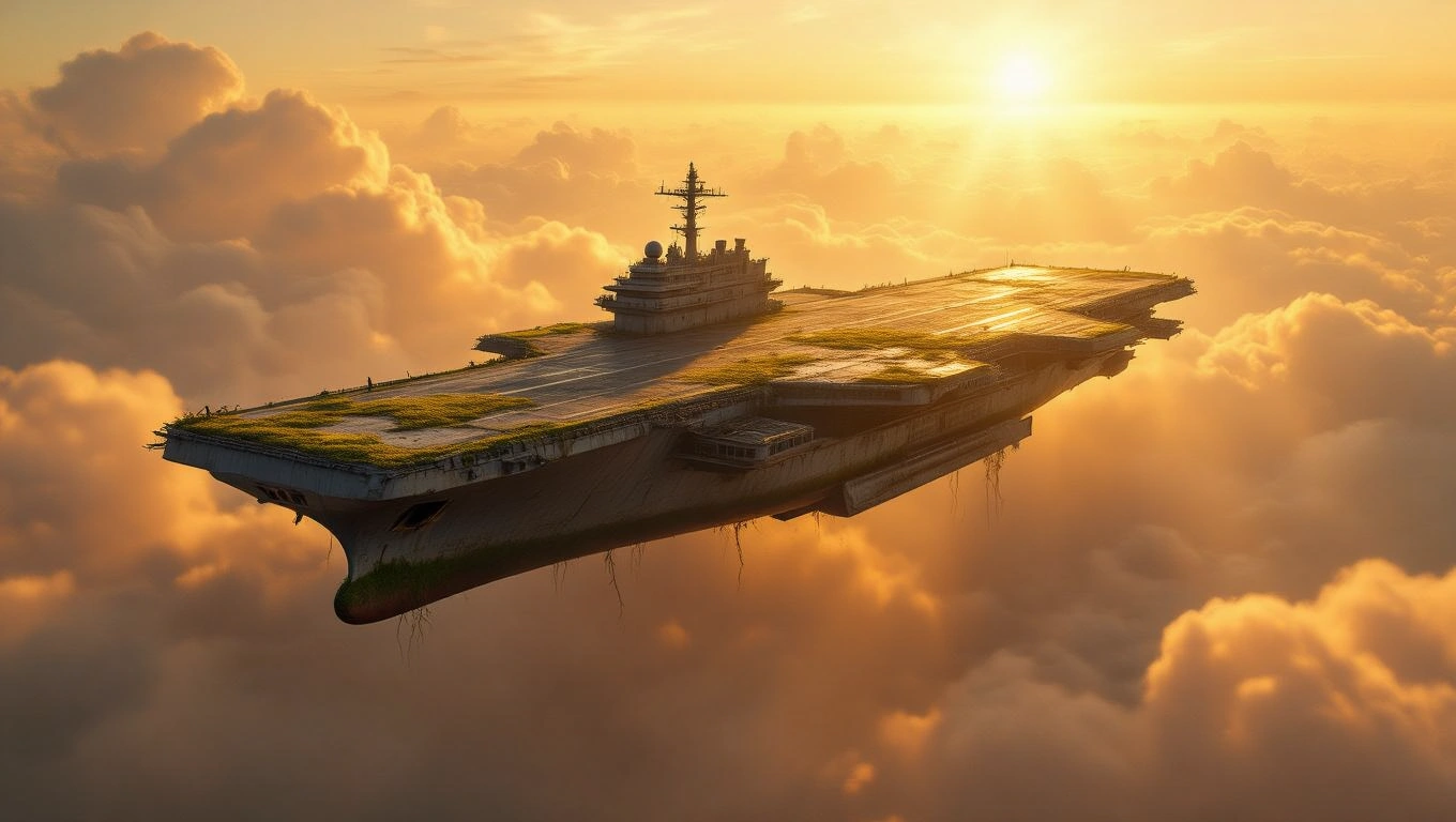 Mit jelent anyahajóval álmodni? – Részletes álomfejtés és értelmezés Egy anyahajó lebeg a felhők felett naplementében, zöld növényzettel borítva.