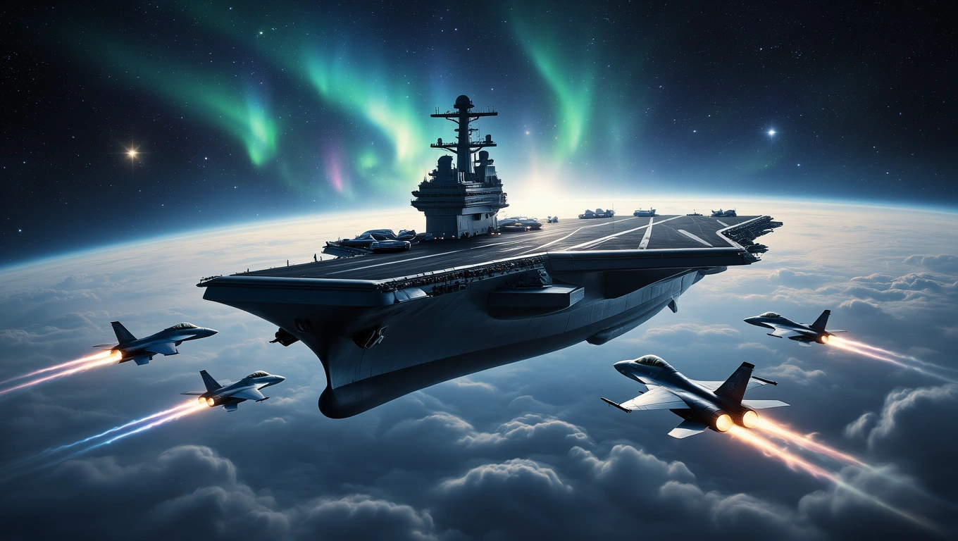 Mit jelent anyahajóval álmodni? – Részletes álomfejtés és értelmezés Egy anyahajó lebeg a felhők felett, vadászrepülők kíséretében, csillagos ég alatt.