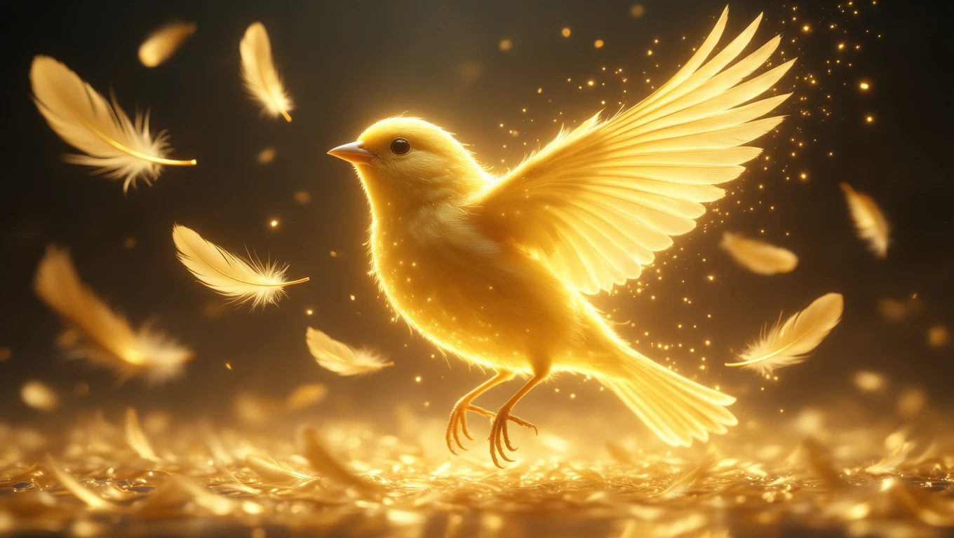 Mit jelent kanárival álmodni? – Részletes álomfejtés és értelmezés Egy aranyszínű kanári repül, körülötte arany tollak lebegnek.