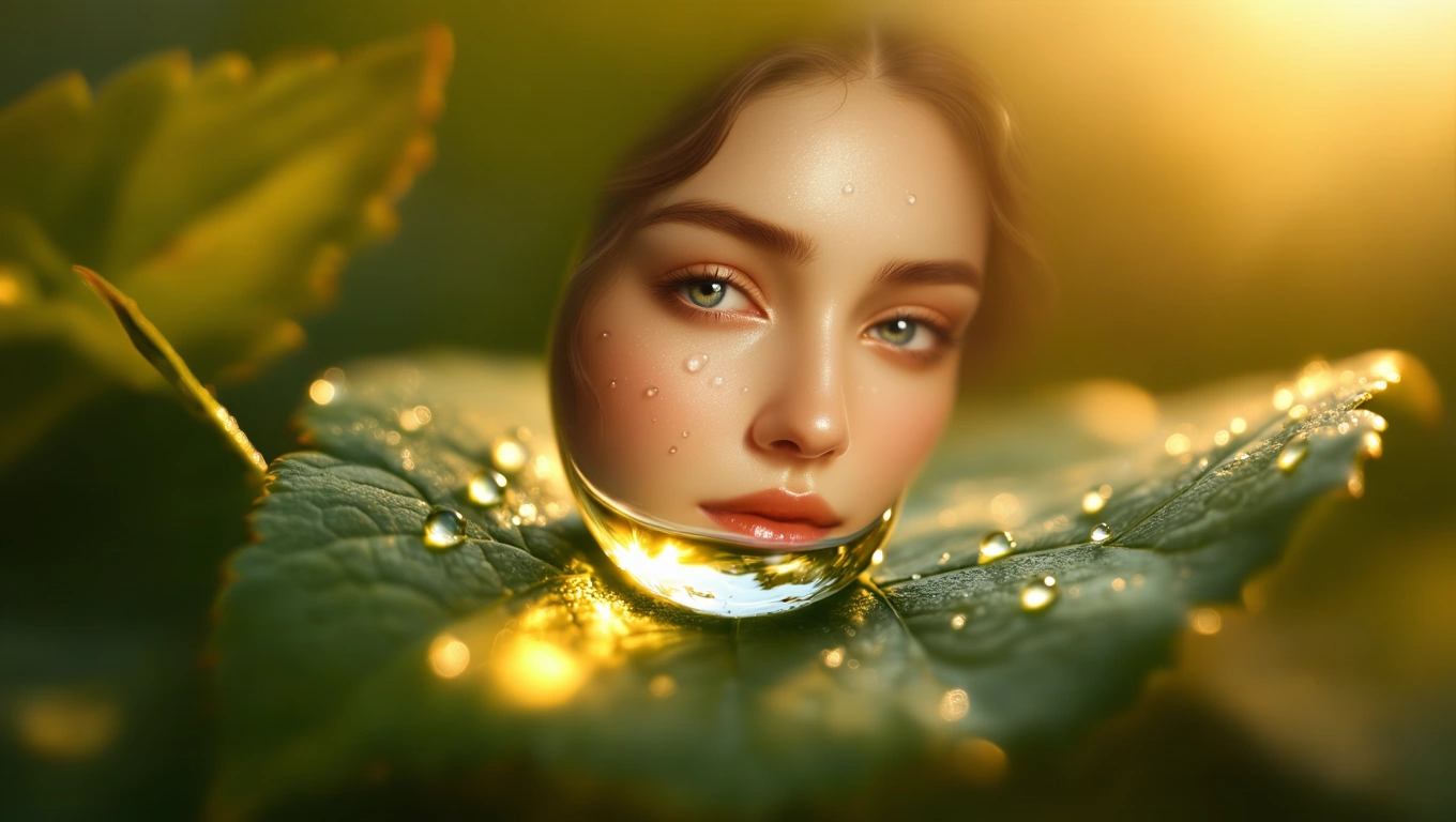 Mit jelent arcbőrrel álmodni? – Részletes álomfejtés és értelmezés Egy női arc részlete, vízcsepp formájában egy levélen, természetes háttérrel.