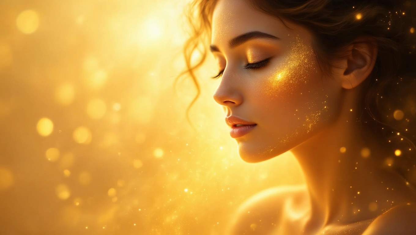 Mit jelent arcbőrrel álmodni? – Részletes álomfejtés és értelmezés Egy nő profilja aranyszínű háttér előtt, ragyogó arcbőrrel.