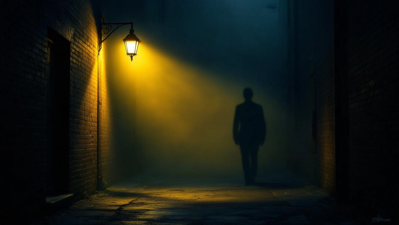 Mit jelent zsebtolvajjal álmodni? – Részletes álomfejtés és értelmezés Egy sötét, ködös utcában egy árnyékos alak látható, amely a zsebtolvajjal álmodás szimbolikáját idézi.