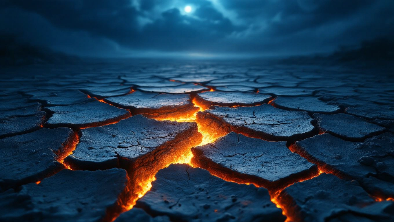 Mit jelent aszállyal álmodni? – Részletes álomfejtés és értelmezés Repedezett talaj, amelyből lángok törnek elő, sötét felhők alatt.