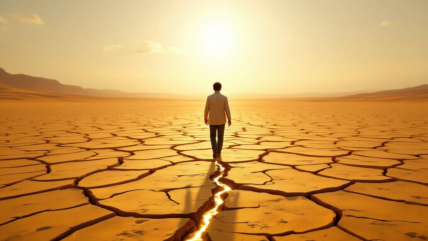 Mit jelent aszállyal álmodni? – Részletes álomfejtés és értelmezés Egy férfi sétál a száraz, repedezett földön, naplementében.