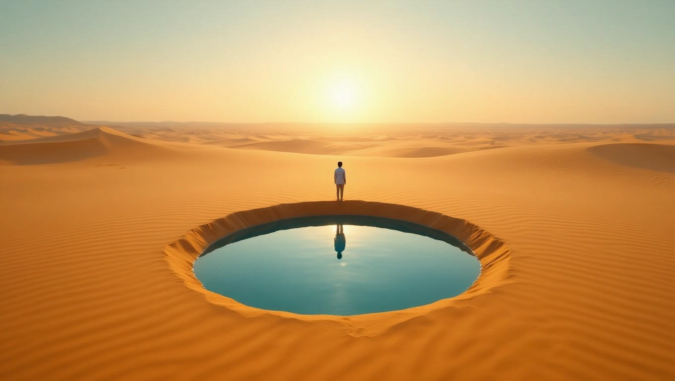 Mit jelent aszállyal álmodni? – Részletes álomfejtés és értelmezés Egy ember áll egy vízgyűjtőn a sivatag közepén, naplementében.