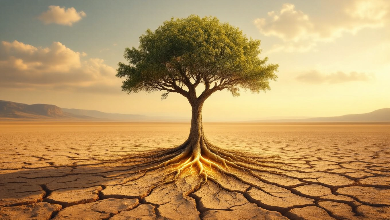 Mit jelent aszállyal álmodni? – Részletes álomfejtés és értelmezés Egy magányos fa áll a száraz, repedezett földön, aszályos környezetben.