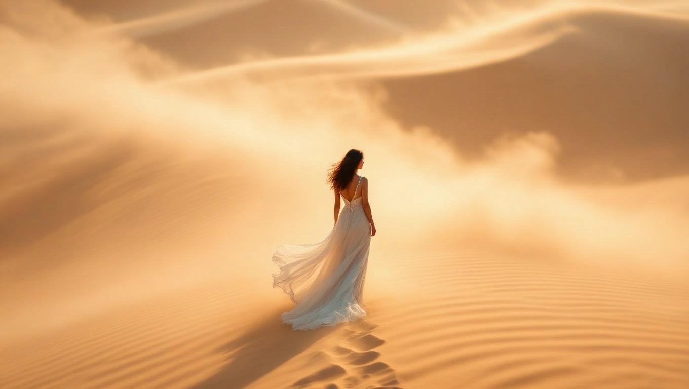 Mit jelent aszállyal álmodni? – Részletes álomfejtés és értelmezés Egy nő fehér ruhában sétál a homokdűnék között, aszályos tájon.