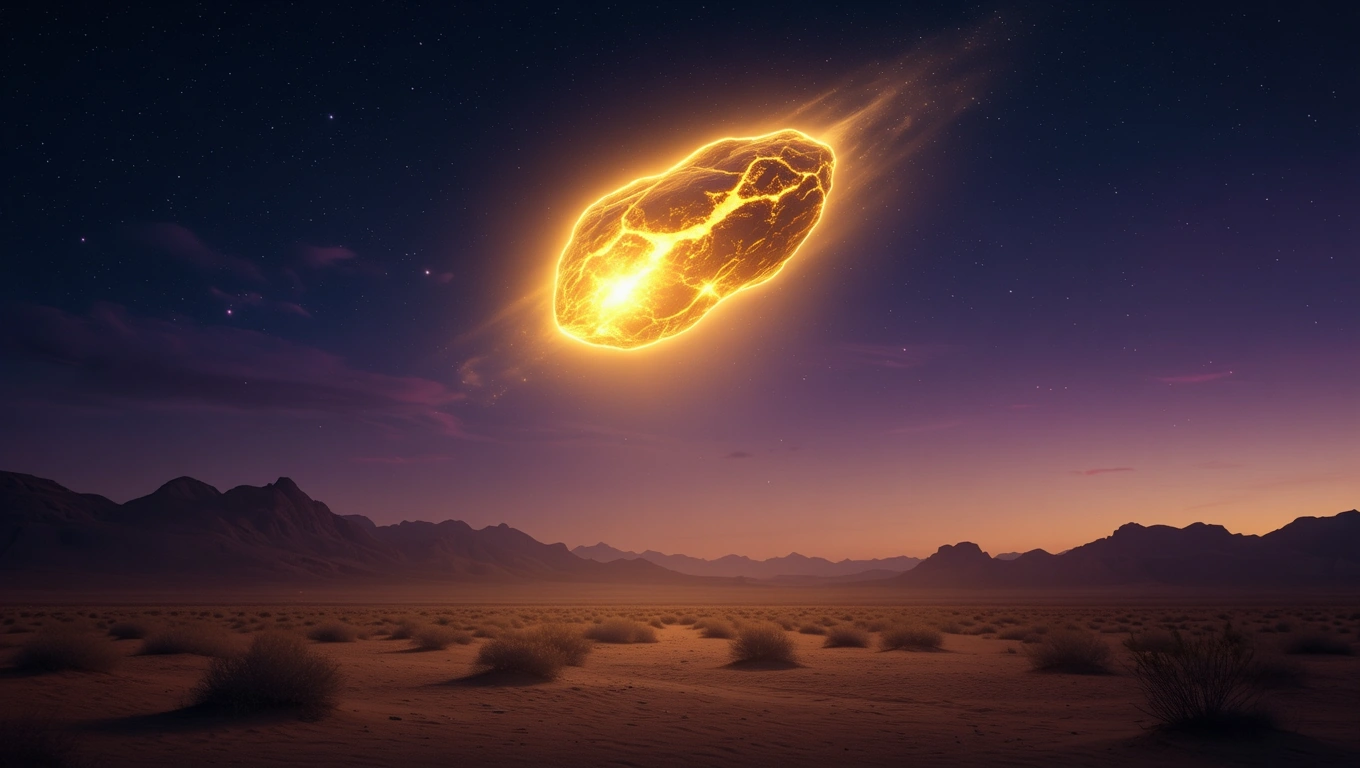 Egy fénylő aszteroida látható az égen, sötét háttér előtt.