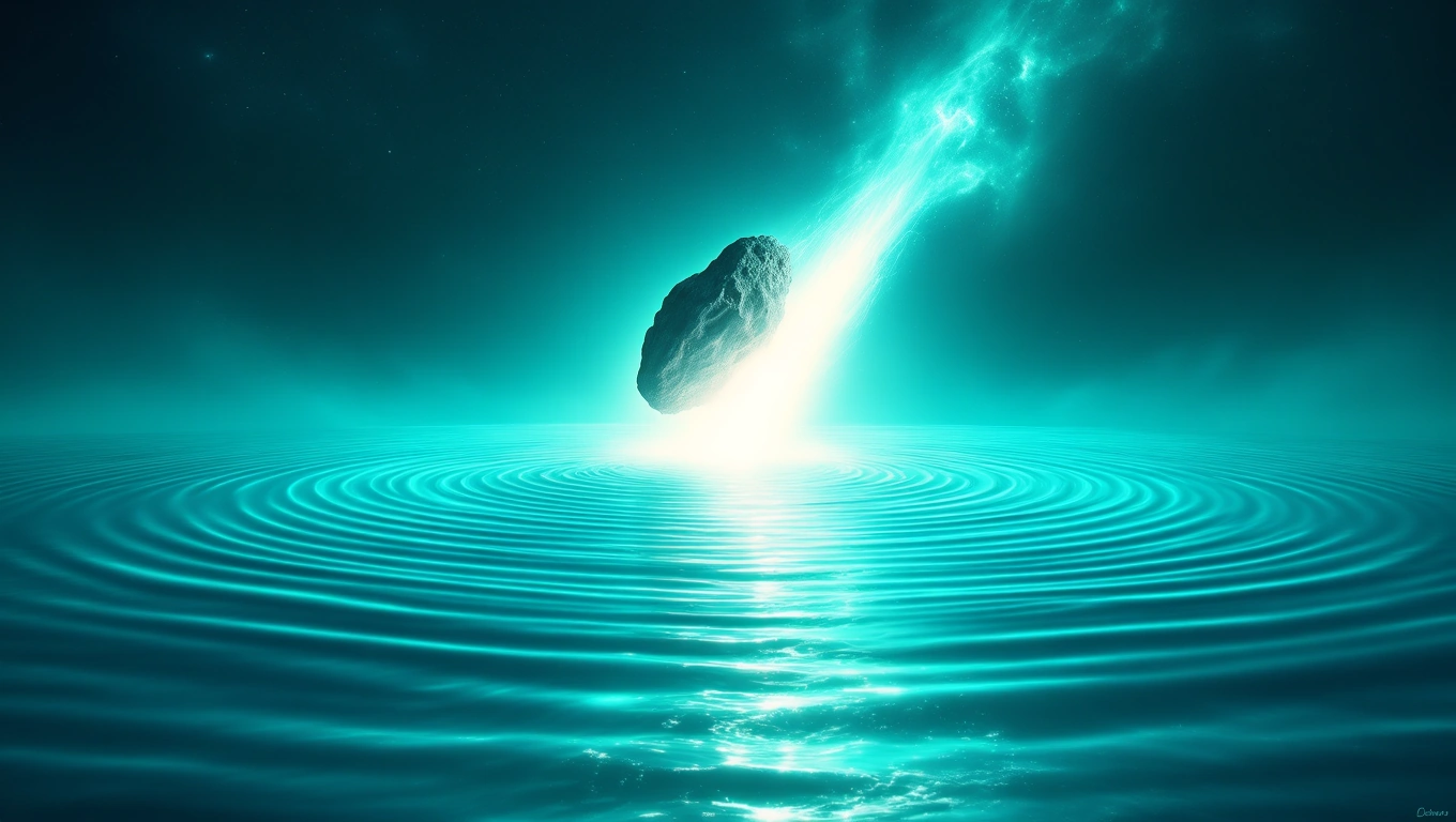 Egy aszteroida lebeg a víz felett, fénycsóvát húzva, misztikus környezetben.