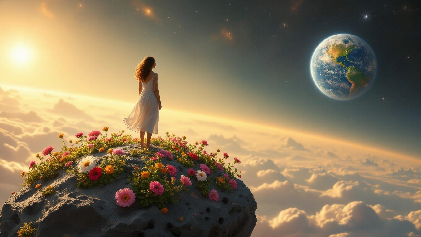 Egy nő áll egy virágokkal borított aszteroidán, háttérben a Földdel.