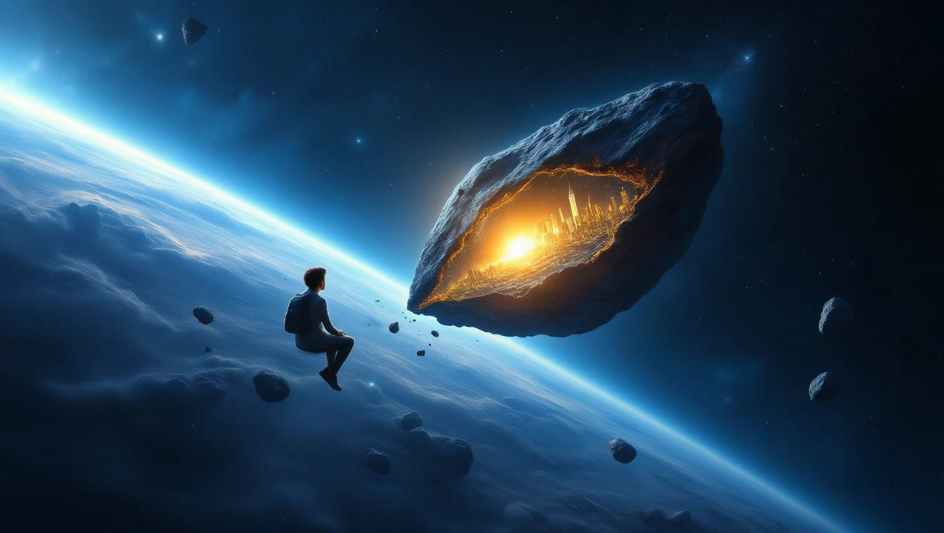 Egy fiatal fiú ül az űrben, egy aszteroida belsejében város fényei ragyognak.