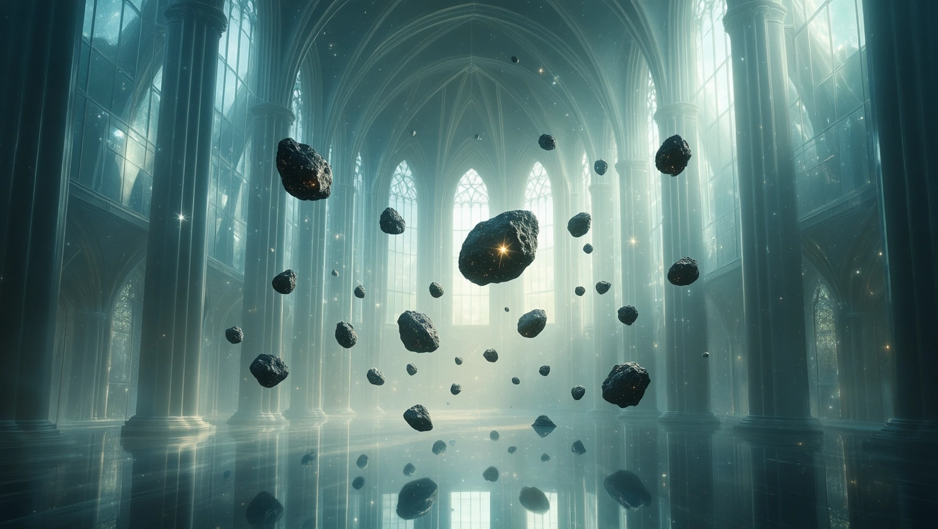Lebegő aszteroidák egy misztikus, fényes templombelsőben.