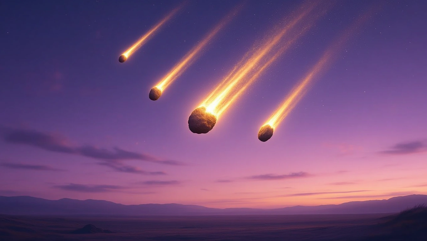 Több aszteroida látható, amint a színes égbolton áthaladnak.