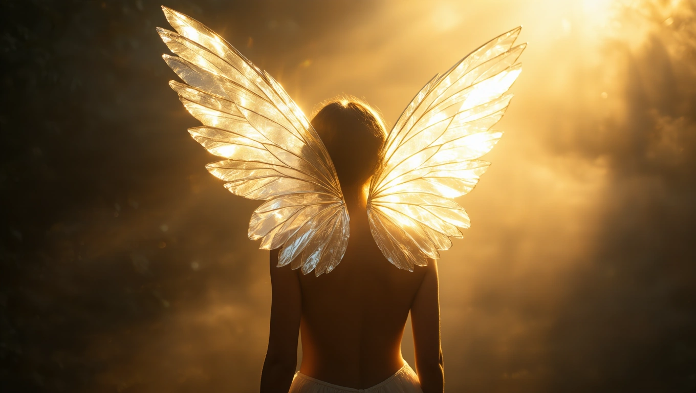 Mit jelent fóliával álmodni? – Részletes álomfejtés és értelmezés Egy nő hátulról, átlátszó szárnyakkal, fényben állva.