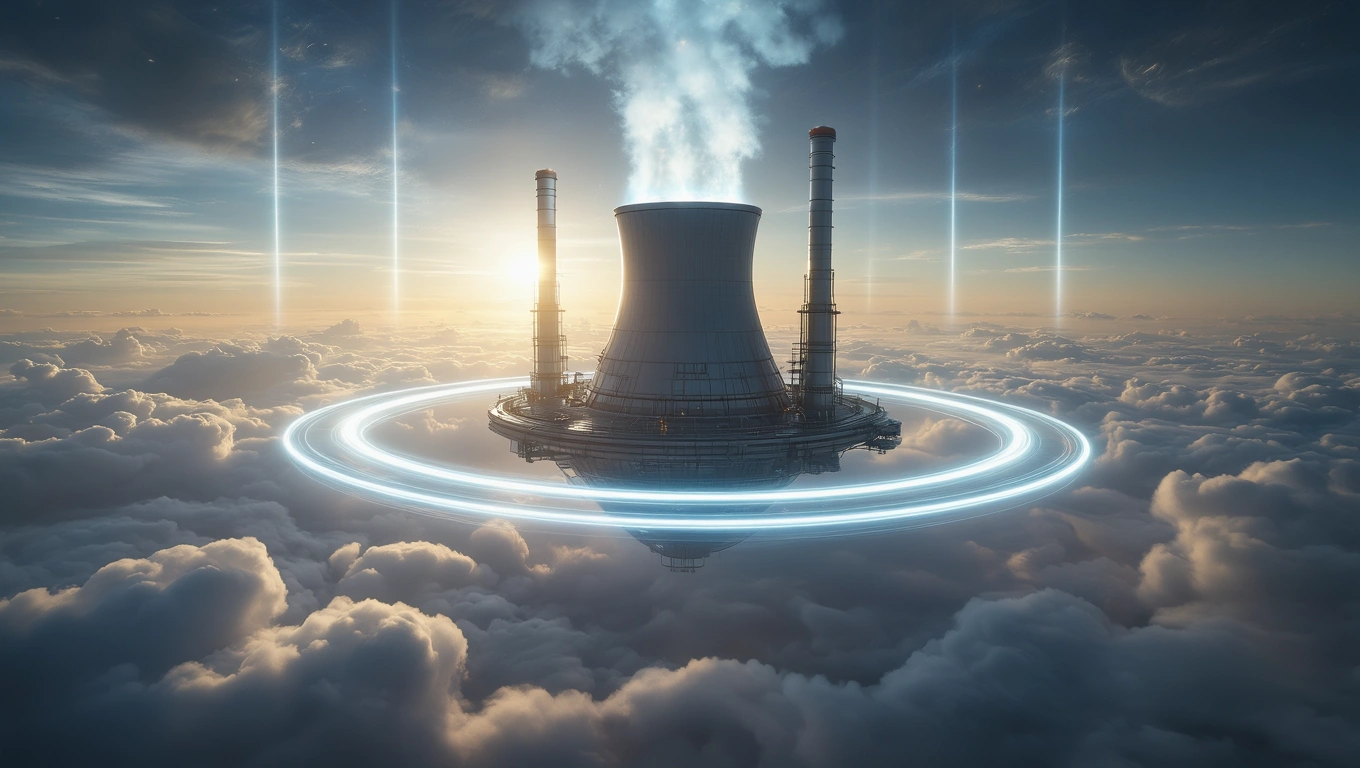 Mit jelent atomerőműről álmodni? – Részletes álomfejtés és értelmezés Egy atomerőmű lebeg a felhők felett, füstöt bocsátva ki, futurisztikus környezetben.