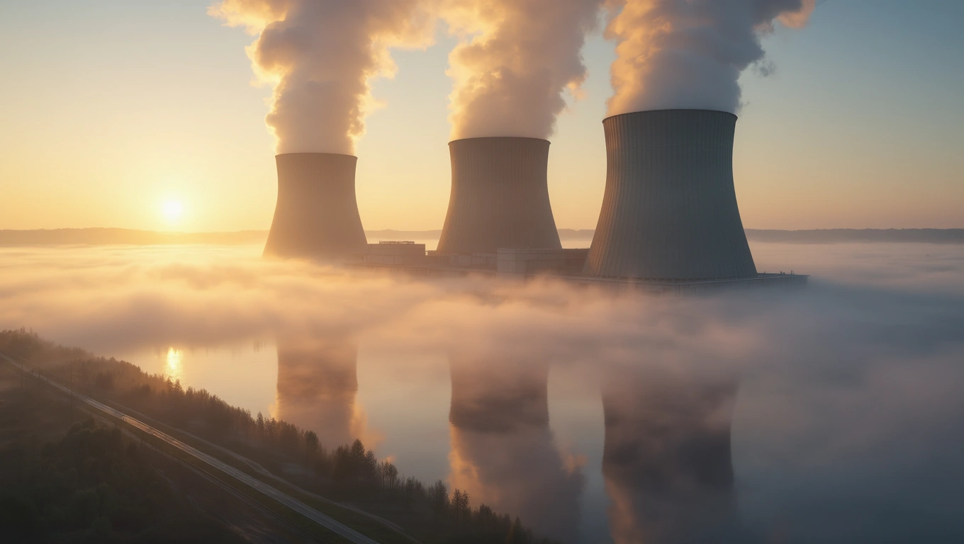 Mit jelent atomerőműről álmodni? – Részletes álomfejtés és értelmezés Három atomerőmű hűtőtornya, háttérben napfelkeltével és ködben.