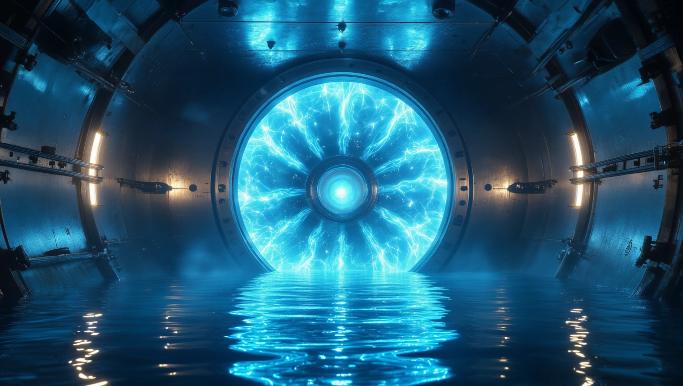 Mit jelent atomerőműről álmodni? – Részletes álomfejtés és értelmezés Egy atomerőmű belsejében látható kék fény és víz tükröződése.