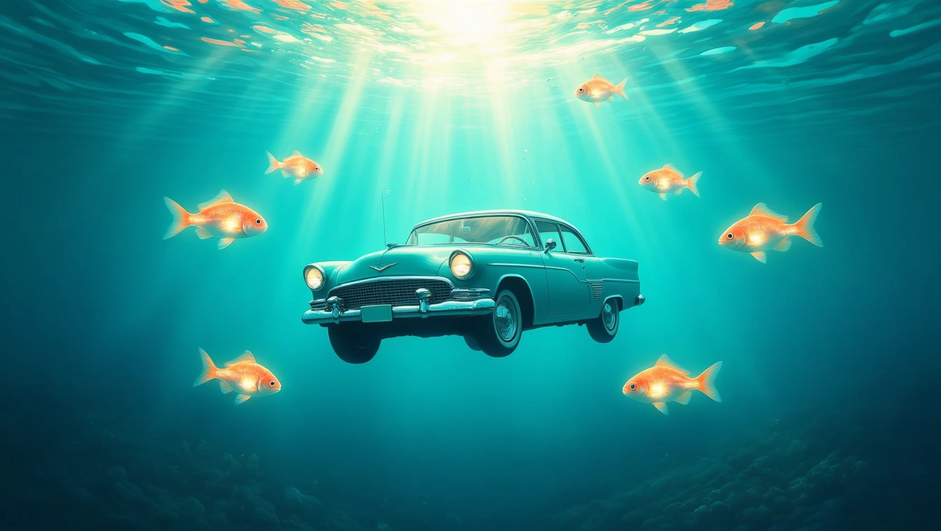 Mit jelent kocsival álmodni? – Részletes álomfejtés és értelmezés Egy kék autó lebeg a víz alatt, aranyhalak úsznak körülötte.