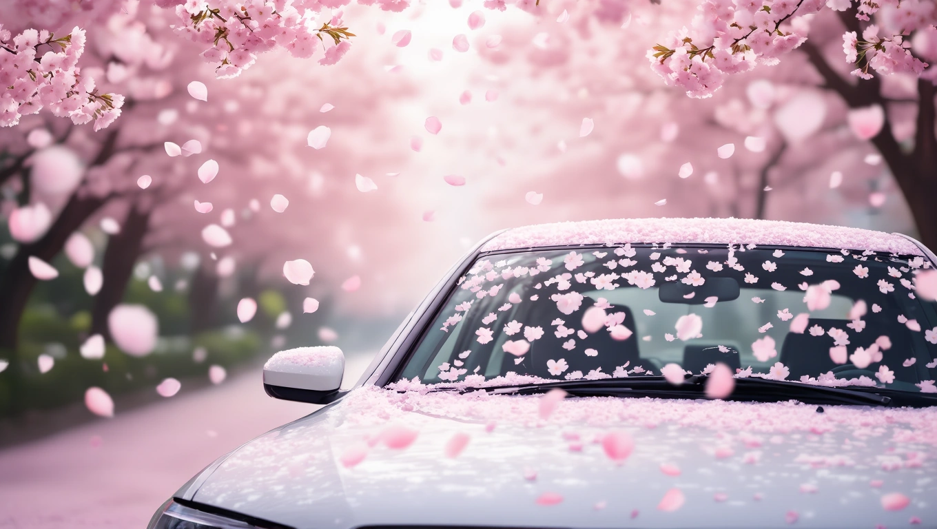 Mit jelent kocsival álmodni? – Részletes álomfejtés és értelmezés Egy autó virágzó cseresznye fák alatt, rózsaszín szirmokkal borítva.