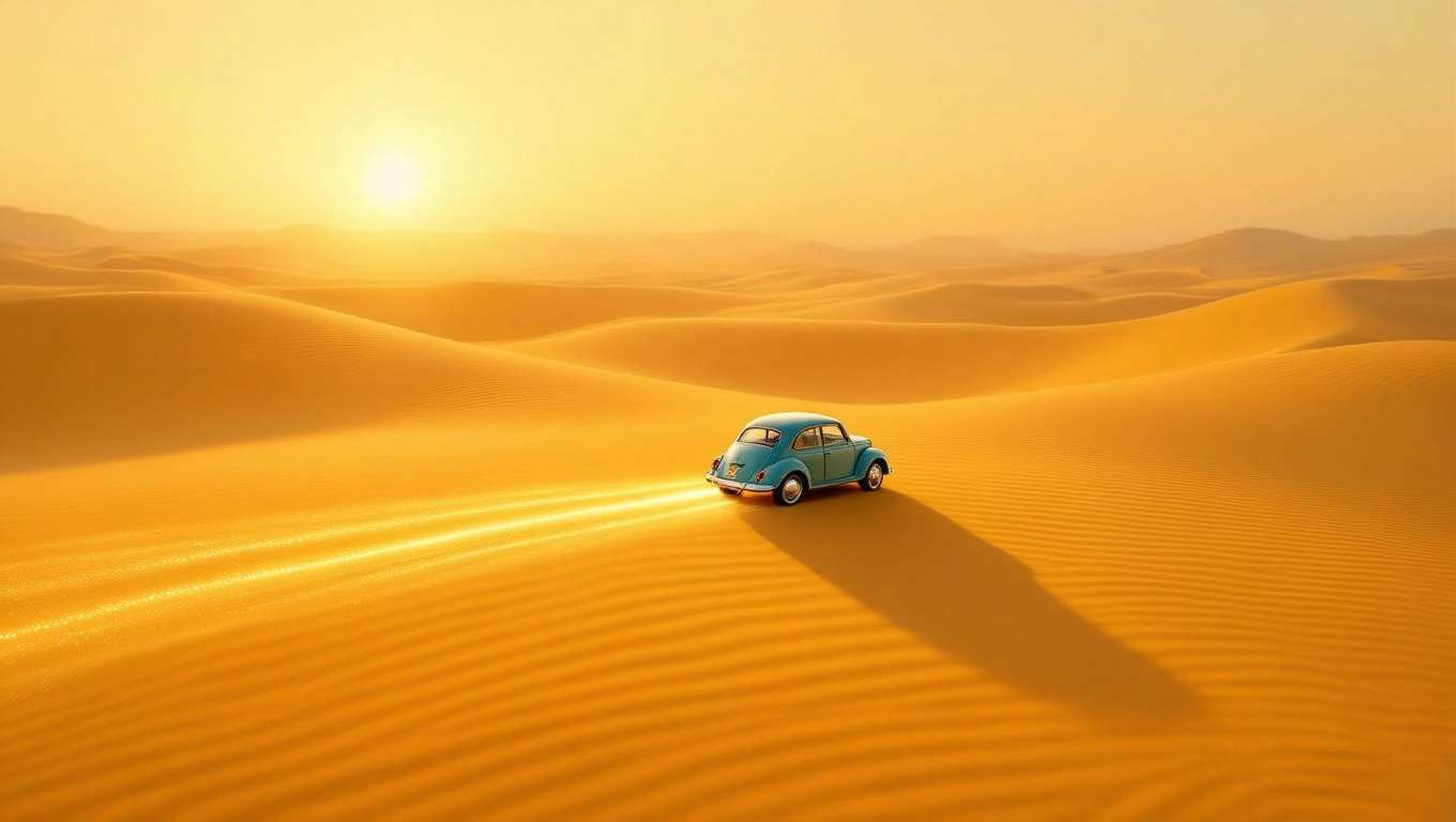 Mit jelent kocsival álmodni? – Részletes álomfejtés és értelmezés Egy kék autó halad a sivatag homokdűnéi között naplementében.