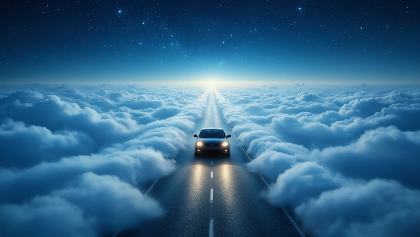 Mit jelent kocsival álmodni? – Részletes álomfejtés és értelmezés Egy autó halad egy felhők között kanyargó úton, csillagos éjszakában.