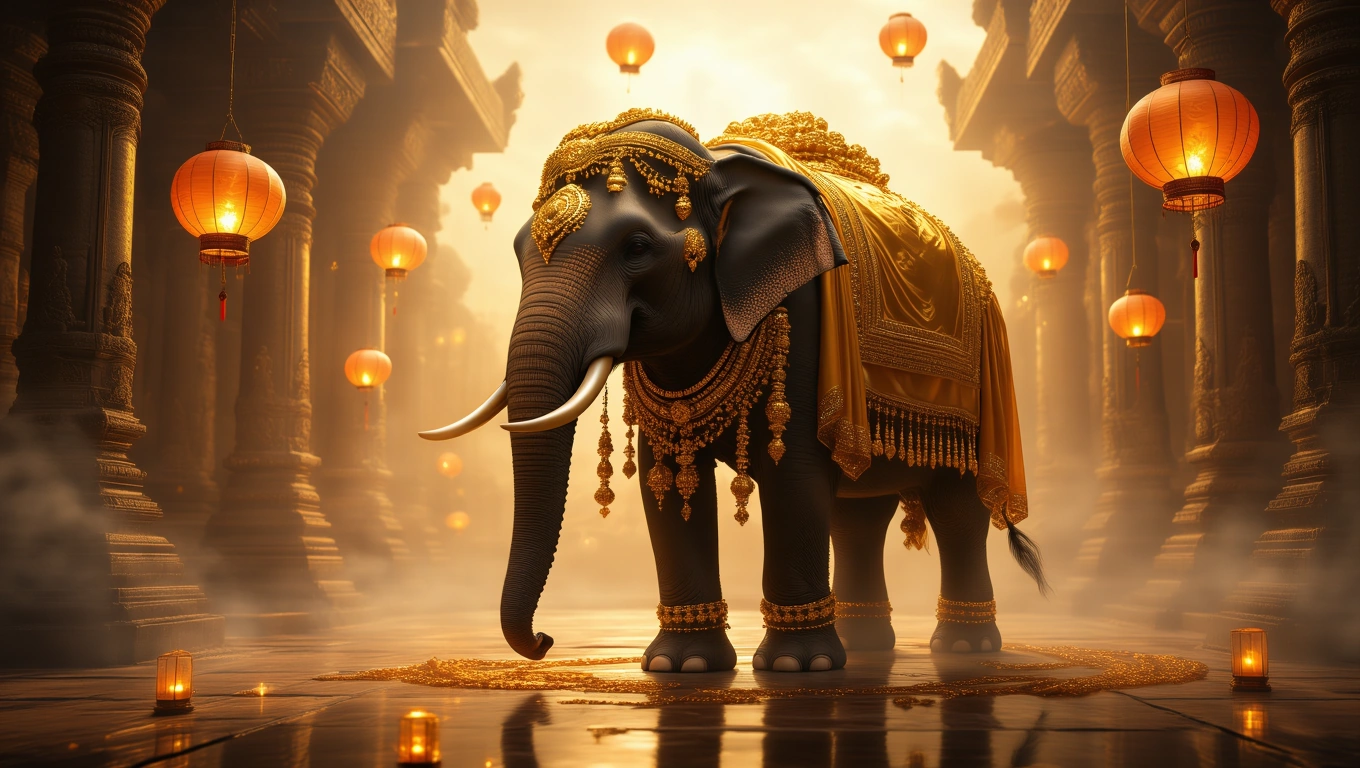 Mit jelent elefánttal álmodni? – Részletes álomfejtés és értelmezés Díszes elefánt áll egy fényes, gyertyákkal megvilágított helyszínen.