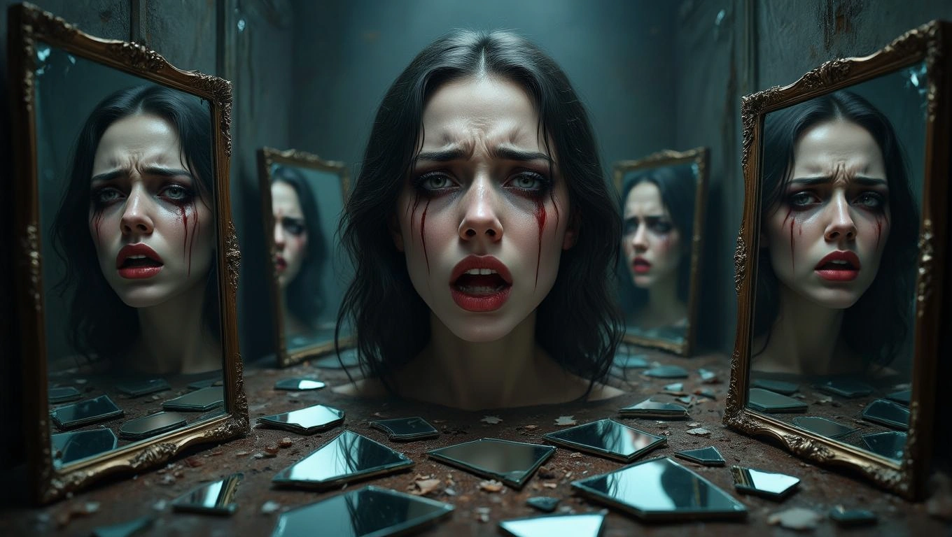 Mit jelent emberölésről álmodni? – Részletes álomfejtés és értelmezés Egy rémült nő arca tükröződik több törött tükörben, könnyekkel az arcán.