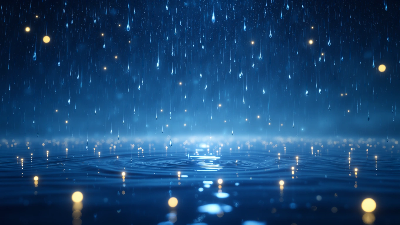 Mit jelent esőről álmodni? – Részletes álomfejtés és értelmezés Esőcseppek hullanak egy vízfelületre, csillogó fényekkel körülvéve.