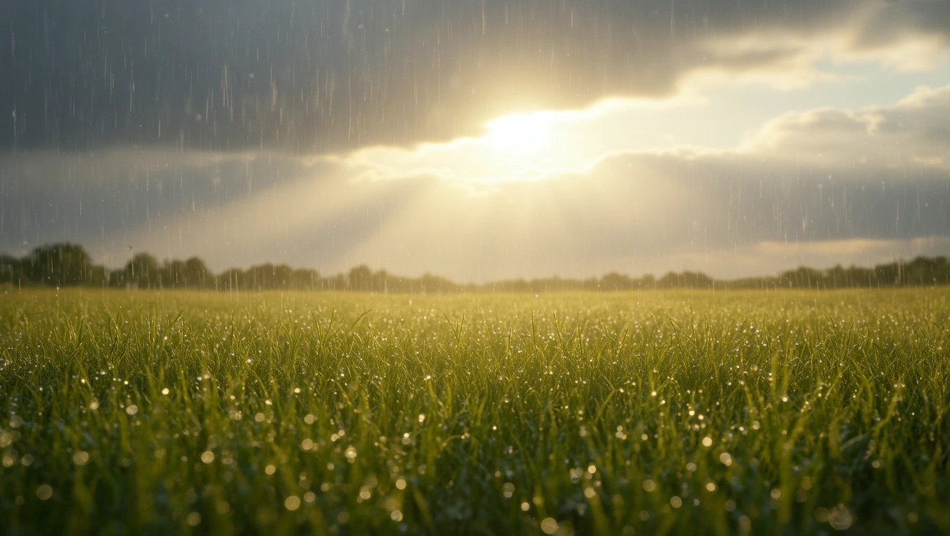 Mit jelent esőről álmodni? – Részletes álomfejtés és értelmezés Esőcseppek hullanak egy zöld mezőre, napfény átszűrődik a felhők között.