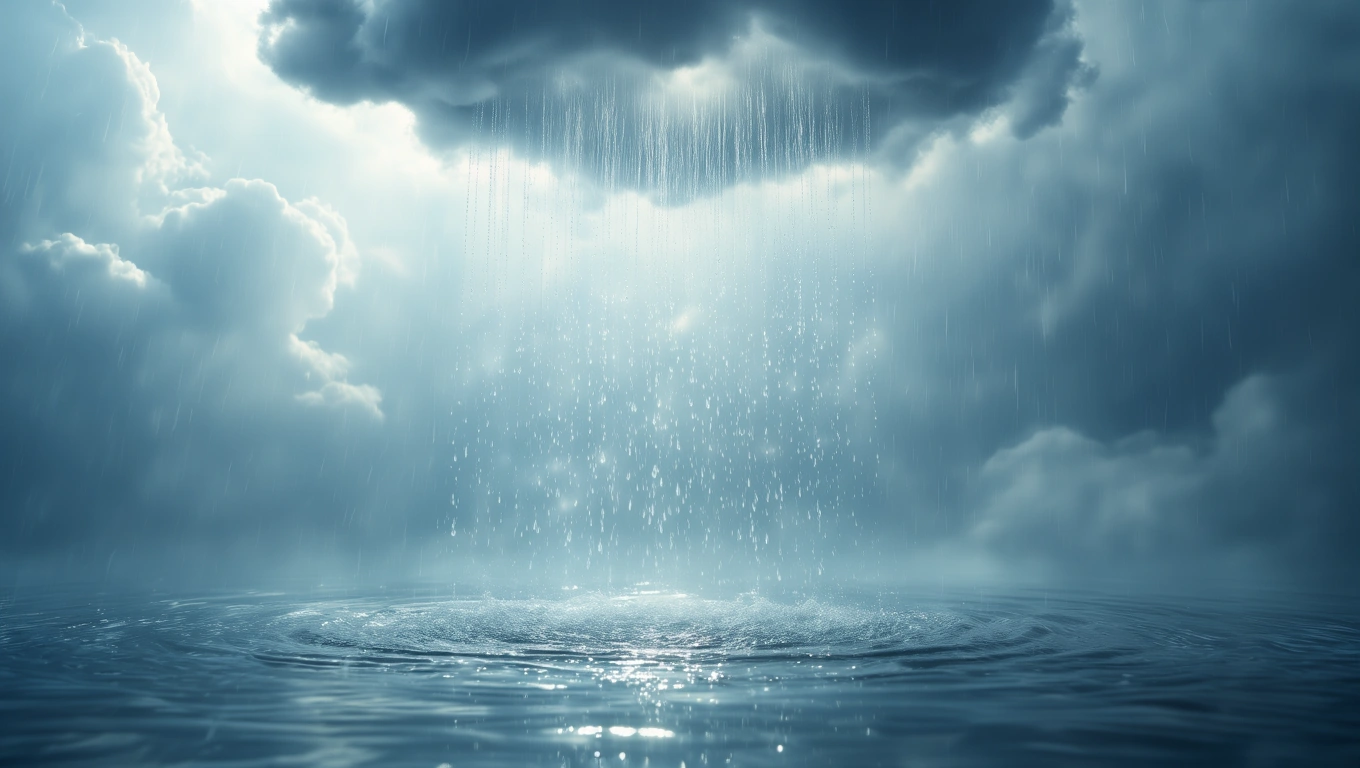 Mit jelent esőről álmodni? – Részletes álomfejtés és értelmezés Sűrű felhők közül hullik az eső, vízcseppek gyűlnek a vízfelszínen.