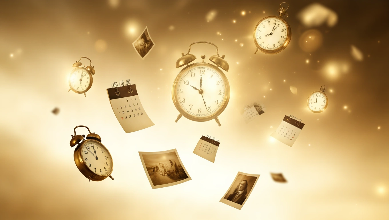 Mit jelent bukásról álmodni? – Részletes álomfejtés és értelmezés Aranyszínű háttér előtt lebegő órák és naptárak, az idő múlását szimbolizálva.