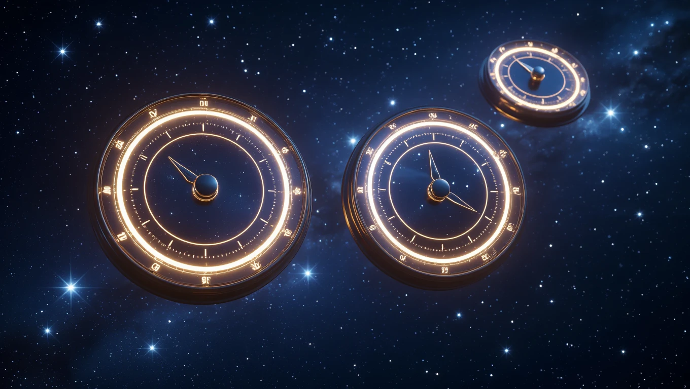 Mit jelent kombinációval álmodni? – Részletes álomfejtés és értelmezés Három világító óra lebeg a csillagos égbolton, szimbolizálva az idő és a számok kapcsolatát.