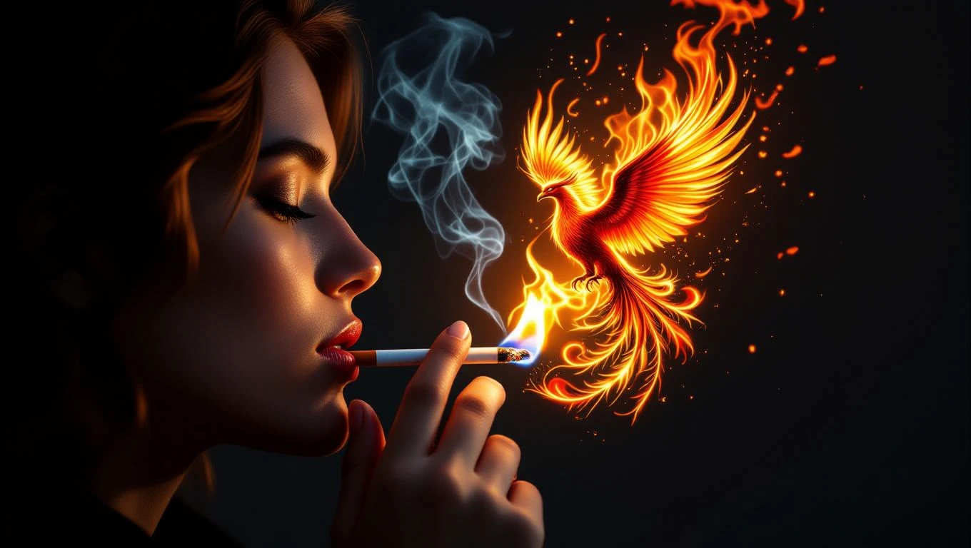 Mit jelent öngyújtóval álmodni? – Részletes álomfejtés és értelmezés Egy nő füstöl egy cigarettát, miközben egy lángoló főnix szárnyai láthatók.
