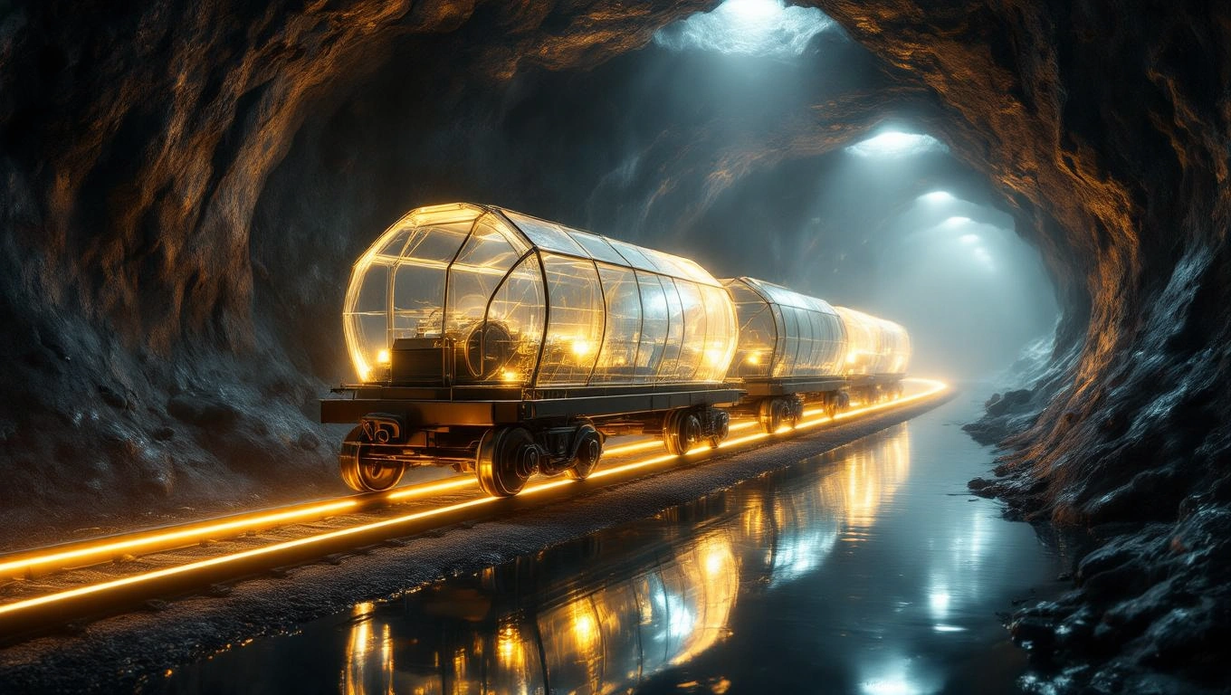 Mit jelent bányával álmodni? – Részletes álomfejtés és értelmezés Fényes bányavasúti kocsik haladnak egy sötét, ködös alagútban.
