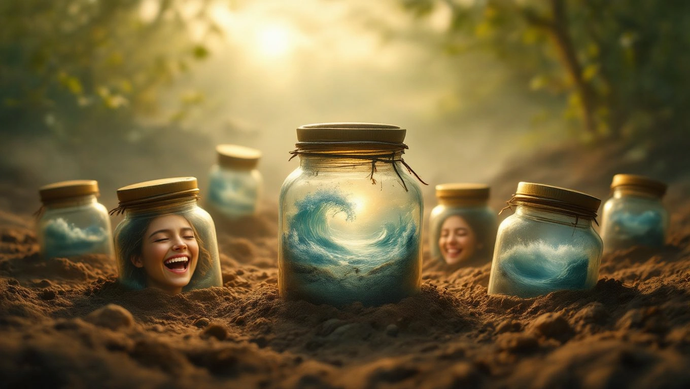 Befőttes üvegek, amelyekben hullámok és mosolygó arcok láthatók, földben állva.