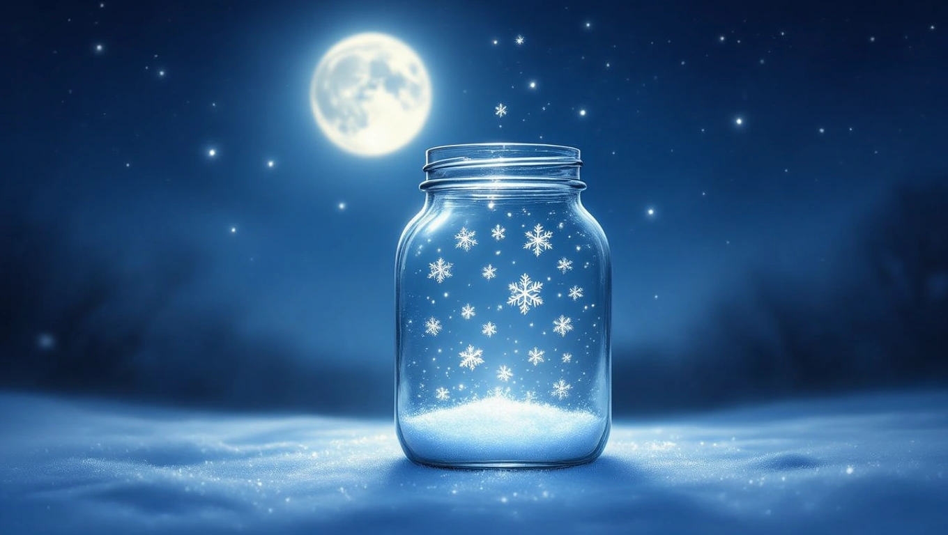 Mit jelent befőttes üveggel álmodni? – Részletes álomfejtés és értelmezés Egy befőttes üveg, benne hópelyhek, csillagokkal teli éjszakai háttérben.
