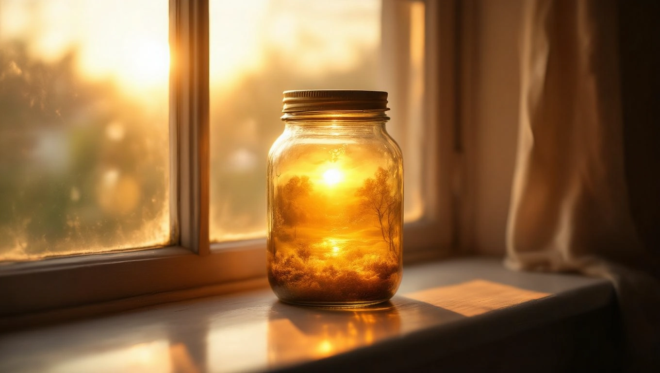 Mit jelent befőttes üveggel álmodni? – Részletes álomfejtés és értelmezés Egy befőttes üveg, benne naplemente látványa, az ablakpárkányon.