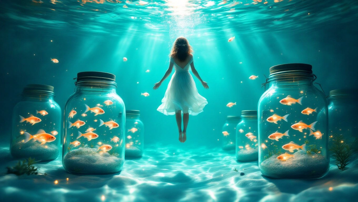 Mit jelent befőttes üveggel álmodni? – Részletes álomfejtés és értelmezés Egy nő fehér ruhában lebeg a víz alatt, körülötte befőttes üvegek aranyhalakkal.