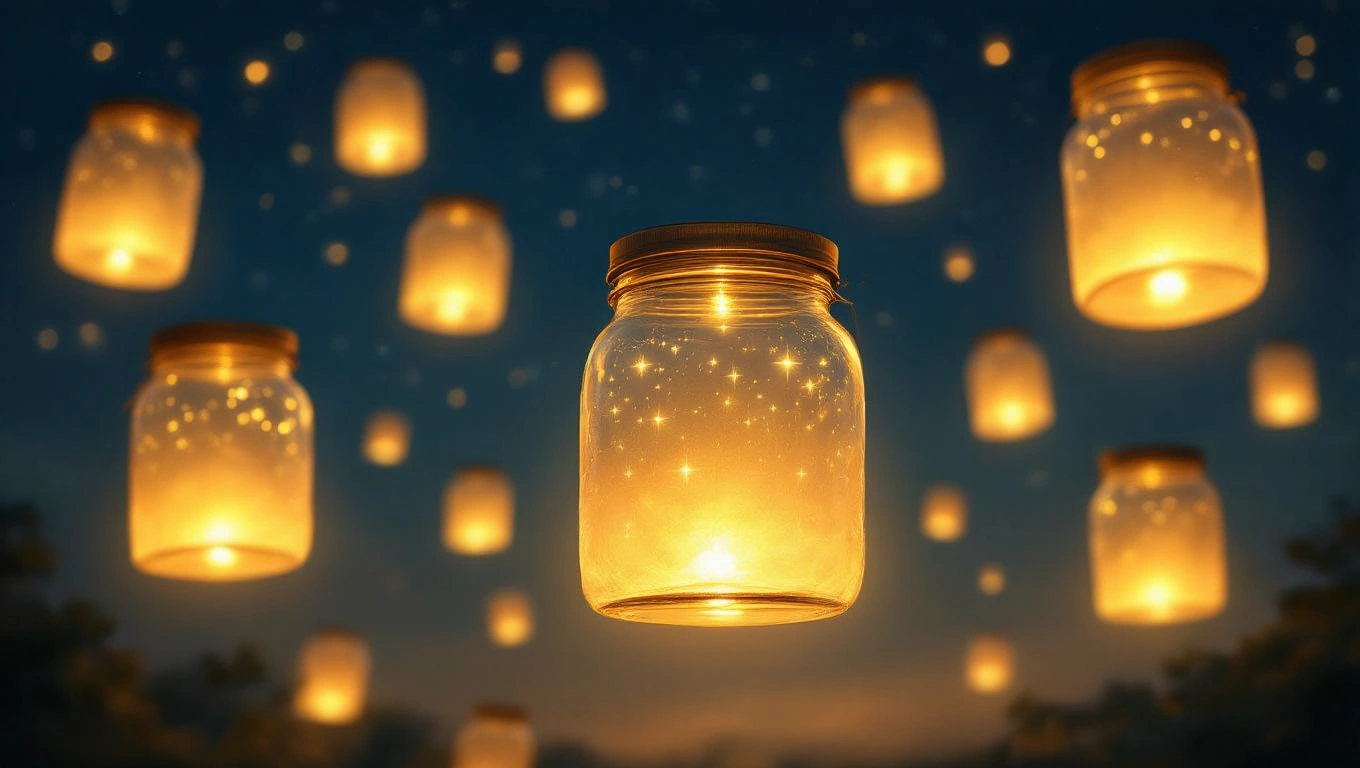 Mit jelent befőttes üveggel álmodni? – Részletes álomfejtés és értelmezés Fénylő befőttes üvegek lebegnek az éjszakai égbolton, csillagokkal körülvéve.