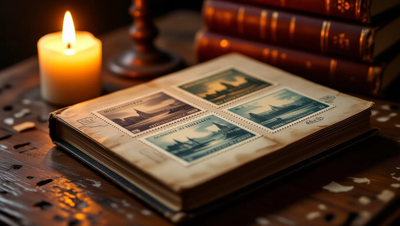 Egy bélyeggyűjtemény látható egy nyitott albumon, gyertyafény mellett.