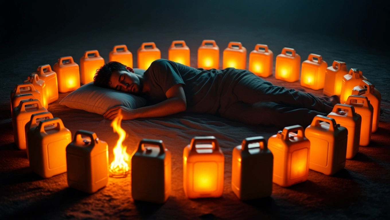 Mit jelent benzines kannáról álmodni? – Online álomfejtés és értelmezés Egy férfi alszik, benzines kannák körülvéve, láng a középpontban.